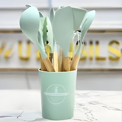 ١٢قطعه- طقم أدوات مطبخ سيليكون مع حامل – مقاوم للحرارة وغير لاصق