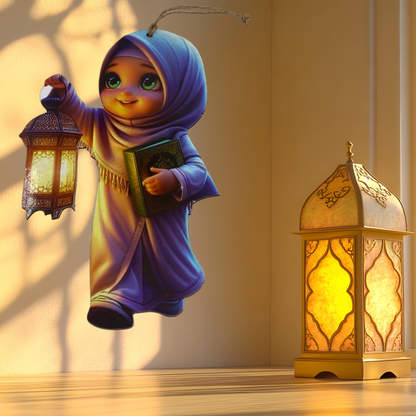 تعليقة رمضان خشبية قياس ٣٠ سم  – طفلة محجبة مع فانوس وقرآن