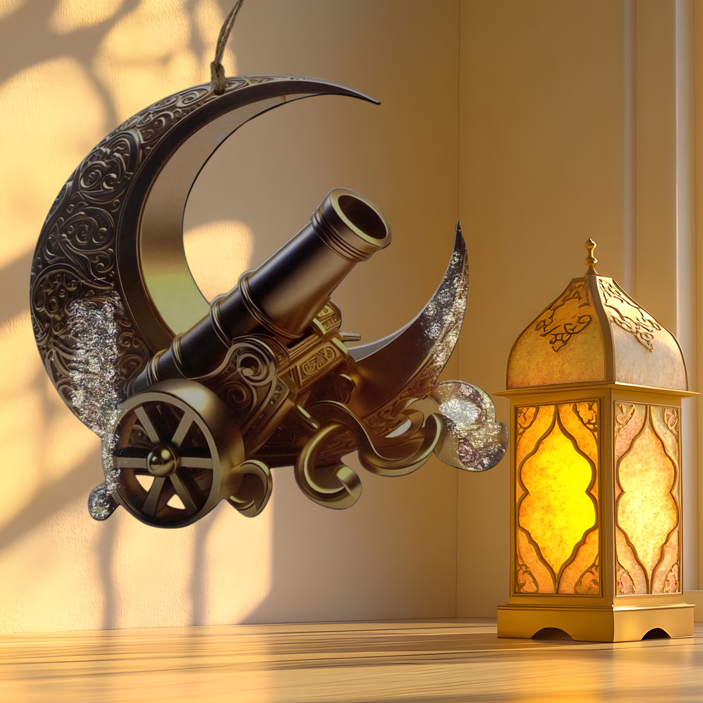 تعليقة رمضان خشبية قياس ٢٧ سم  – هلال ومدفع رمضان