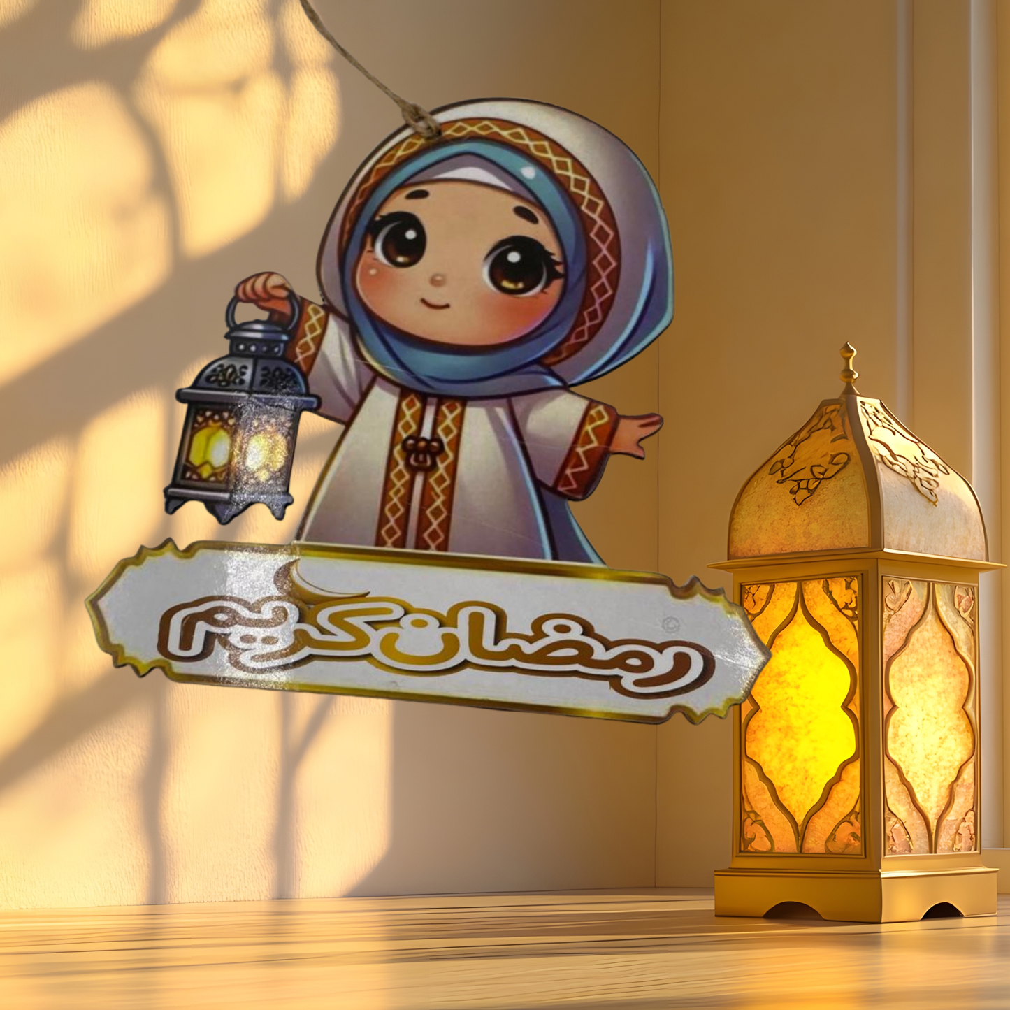 تعليقة رمضان خشبية قياس ٢٥ سم-  تصميم طفلة وفانوس