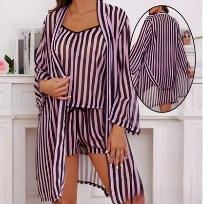 بيجامة شيفون مخططة ثلاث قطع