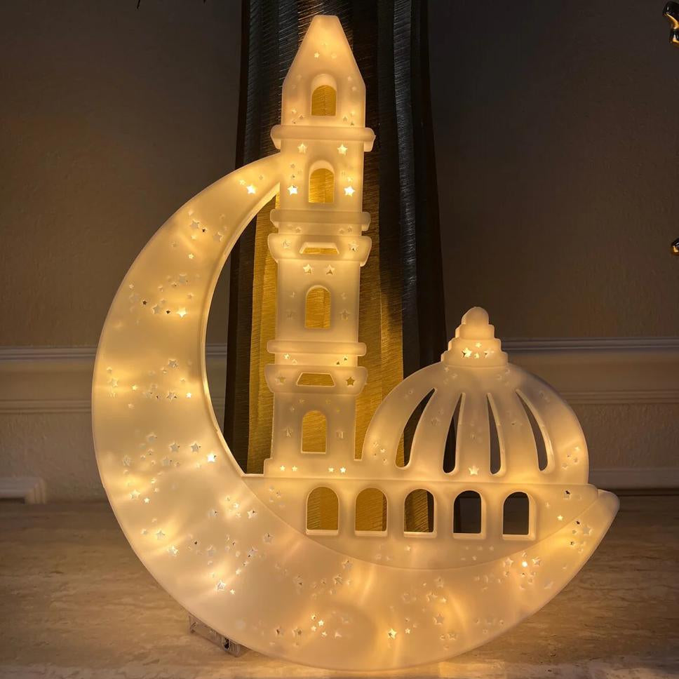 فانوس رمضان مضيء بتصميم الهلال والمسجد - حجم كبير 🌙🕌