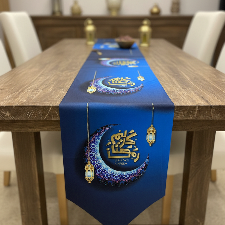 رنر سفره رمضاني بتصميم أزرق فاخر رمضان كريم148سم