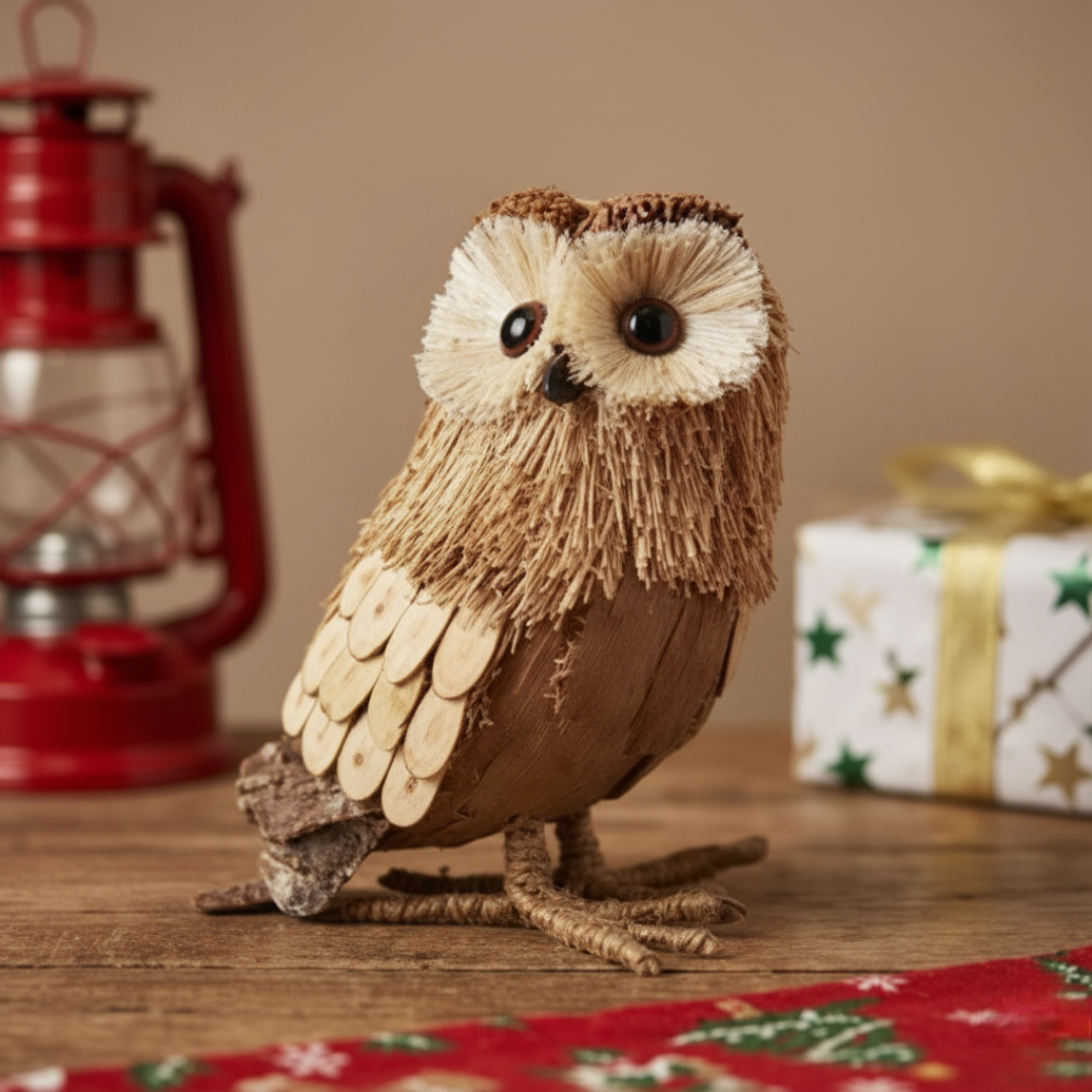 مجسّم بومة ديكورية يدوية الصنع من القش - مقاس كبير