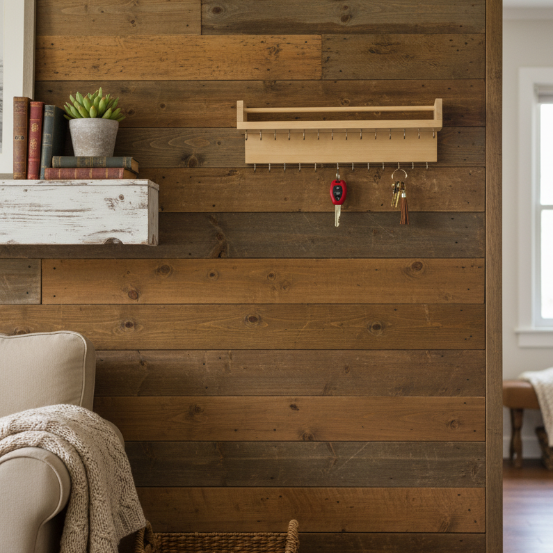 حامل مفاتيح خشبي ثقيل مع رف تخزين