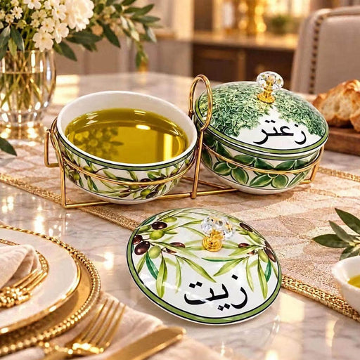 طقم علب سيراميك للزيت والزعتر مع حامل ذهبي