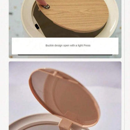 سلة نفايات عصرية بغطاء يعمل بالضغط وأرجل خشبية