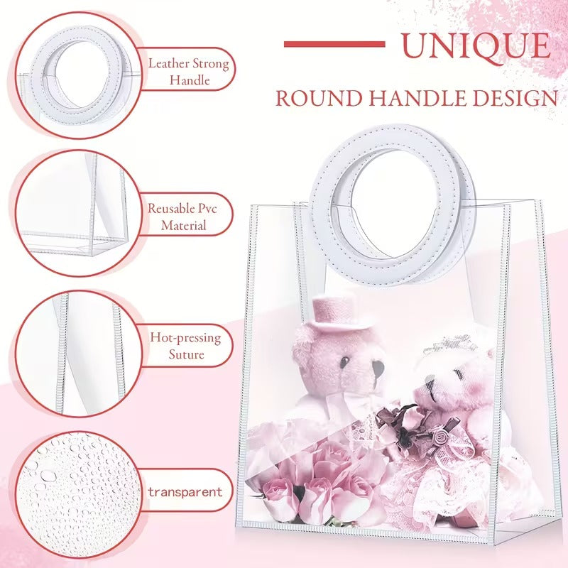 كيس هدايا بلاستيكي شفاف بمسكه جلد