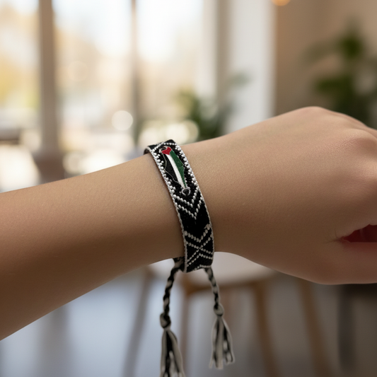 سوار معصم قماشي منسوج يدوياً بتصميم خريطة فلسطين