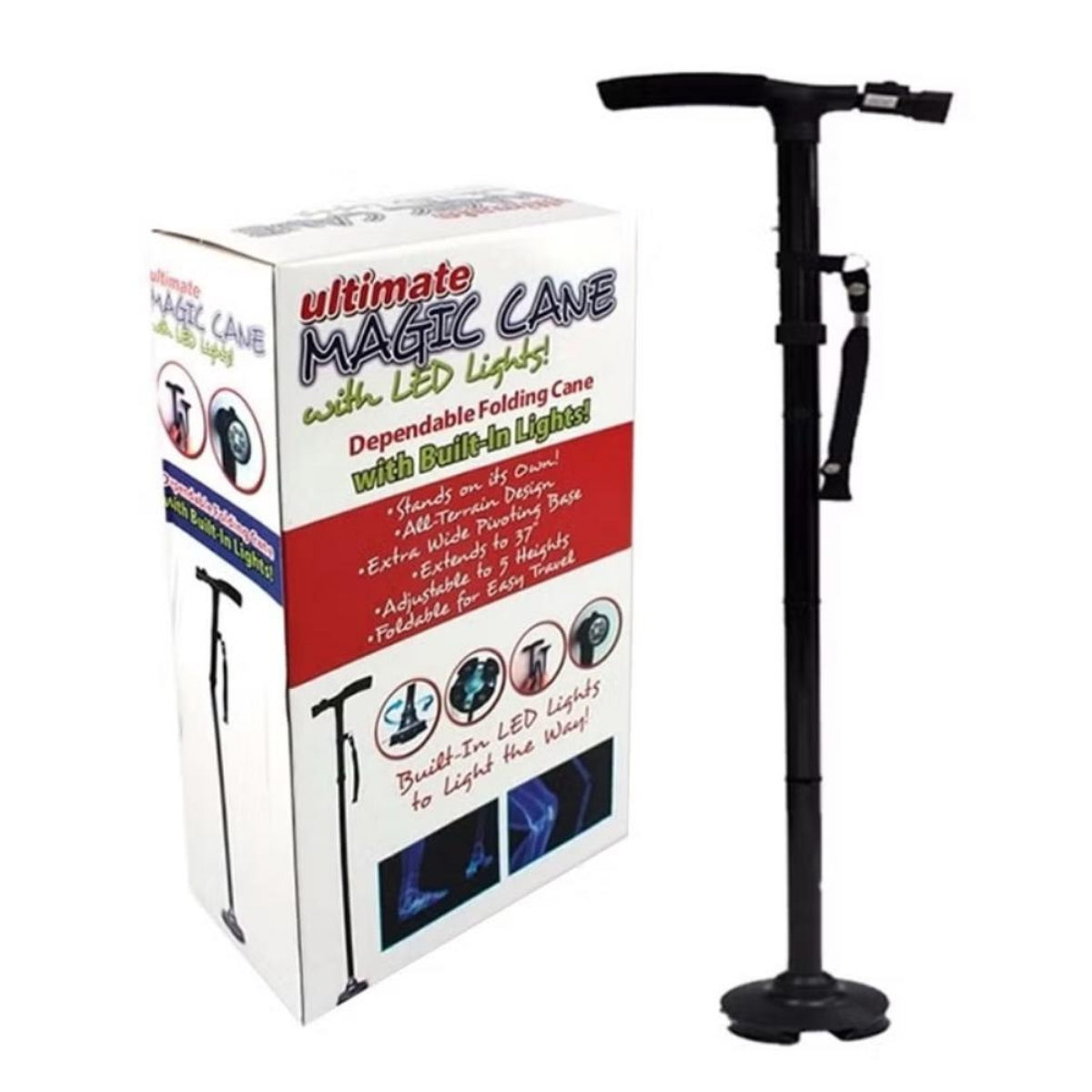 عصا (عكاز) ضد الانزلاق وقابلة للطي مع إضاءة ليد